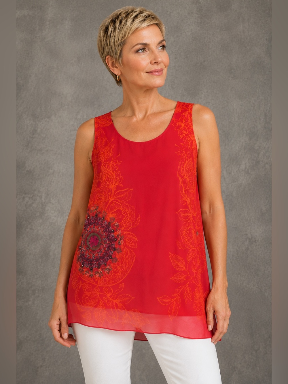 Desigual Sleeveless Sheer Floral A-Line Blouse Size L Burnt Orange Pink